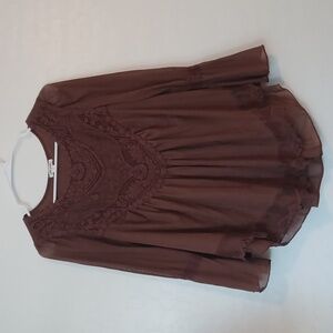NWOT Ultra Pink Brown Bohemian Lace Flowy Shirt Womans Size Small